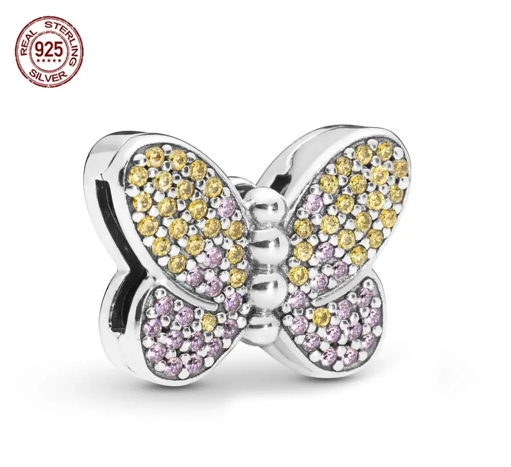 

925 Sterling Silver Charm Fit Original Pandora Bracelets Necklaces Reflexion Pave Butterfly Clip Charms Bead Jewelry for Women