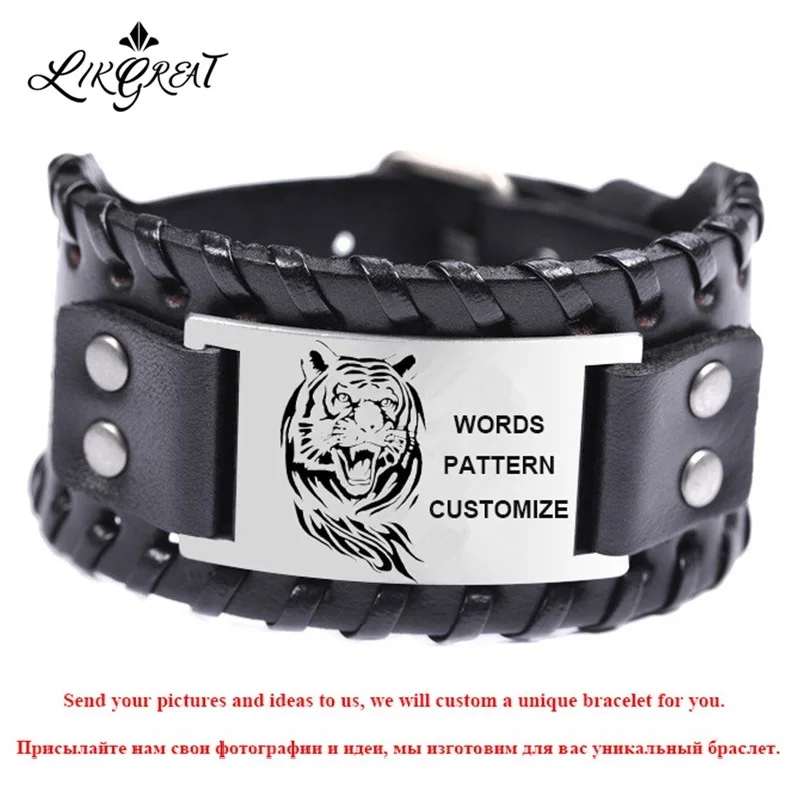 Bracelets Wristband Custom Jewelry Photo-Engraved Personalized-Name Men Genuine-Leather