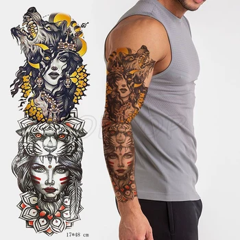 

Tattoo Sticker Waterproof wolf tiger animal real girl totem moon crown flower Temporary Full Arm Flash Fake Tatto for boy girl
