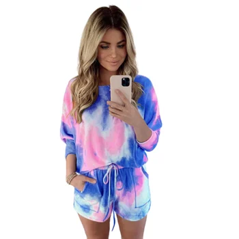 

Tie Dye Print Long Tshirt Shorts Two Piece Set Women Casual Outfits Lounge Wear Casual Femme Pockets Shorts Loose Tees Summer