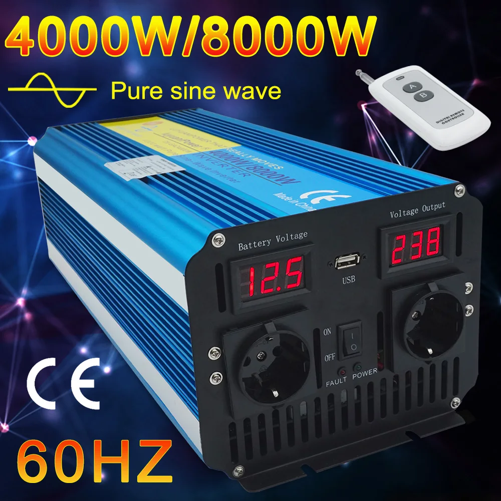 Remote Control Pure Sine Wave Inverter DC 12V to AC 220V 230V 60Hz LED Voltage Display 5000W/6000W/8000W Car Inverter EU Socket