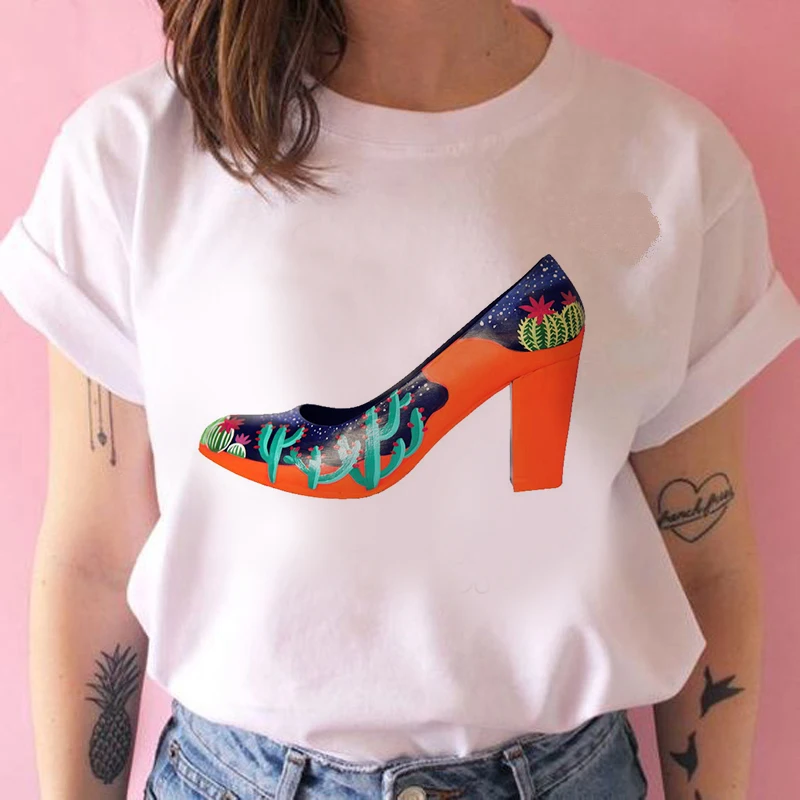 Summer Casual Women T shirts Close up of cartoon high heel Printed Fashion clothing Harajuku Casual Korean Style Tops female Tee