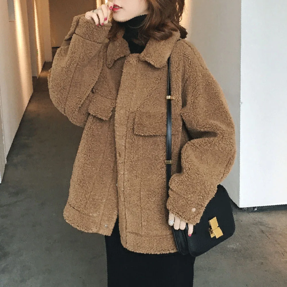 

2020 Winter New Casual Style Jacket Thicken Loose No Hat Single Breasted Turndown Collar Solid Color Suit For Commute Girl