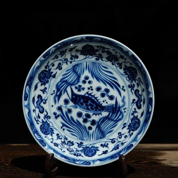 

Hand-painted Blue and White Yuan Dynasty High Imitation Fish and Algae Plate All Hand-made Pot Pendant Decorative Chinese Plate