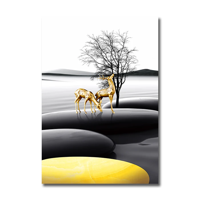 Modern-Landscape-Poster-Black-Yellow-Stone-Boat-Deer-Wall-Art-Canvas-Painting-Nordic-Print-Wall-Pictures (4)