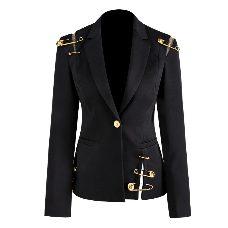 Brand 2019 Winter Fashion High Street Stylish Women Blazer Single Button Mesh Patchwork Pin Slim High Quality Black Jacket