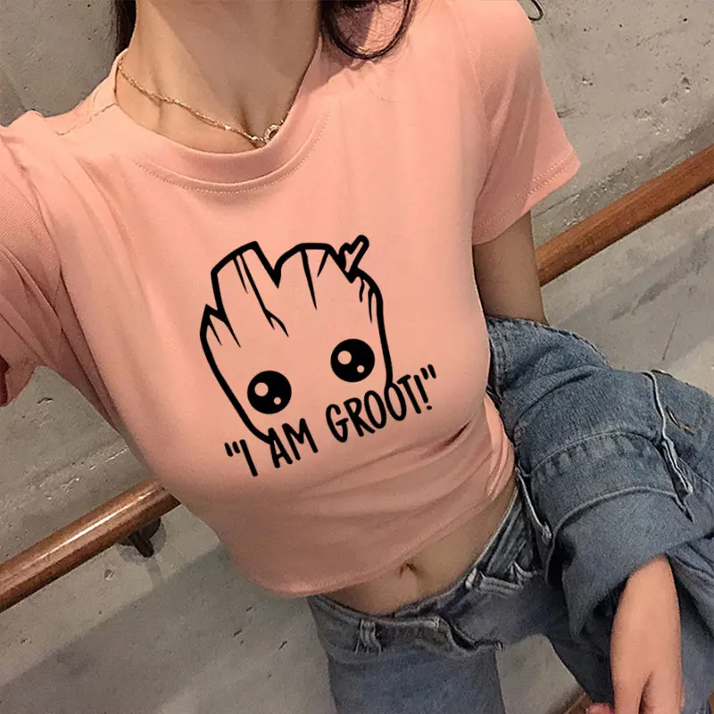 

women Sexy Slim Waist t shirt Star Wars Anime baby pop groot Summer funny I AM GROOT Exposed Navel T Shirt Cool Tops Tees