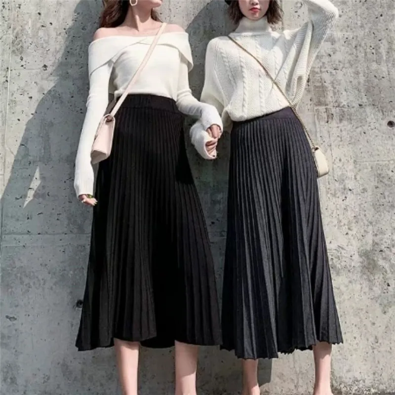 Длинные трикотажные плиссированные юбки с высокой талией, Осень-зима, винтажные одноцветные юбки с высокой талией, женские эластичные юбки до середины икры