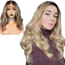 Special Price Anogol  Short Body Wave 14" Heat Resistant Hair Dark Rooted Ombre Blonde Synthetic Lace Front Wigs For Black Women