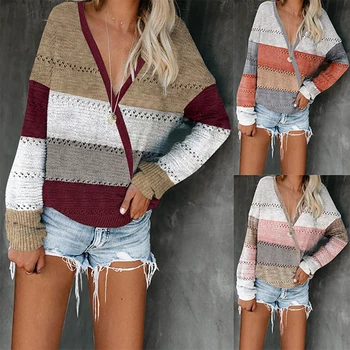 

2020 Fall New Style V-Neck European And American Sweater Female Loose Plus Size Women'S Jumper Striped Casual Wear
