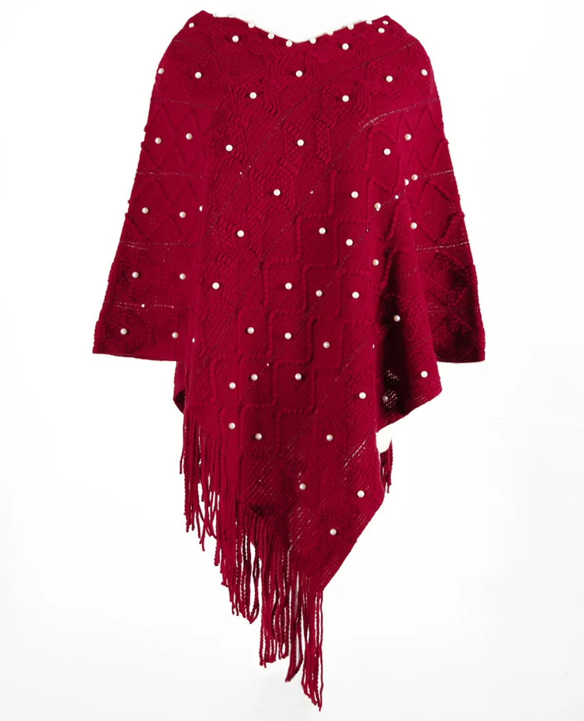 Jessie Vinson V-neck White Beading Tassels Pullover Sweater Women Casual Cape Sweater Coat Cloak Autumn Winter High Street Wear - Цвет: Red