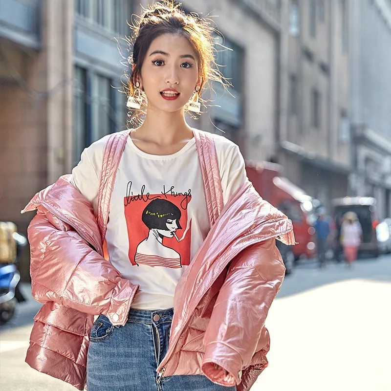 FORERUN Winter Bubble Jacket Women Oversized Glossy Silver Standard Collar Coat Cotton Padded Parkas Manteau Femme Hiver