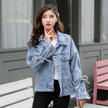 

SexeMara fashion spring The New Loose Drawstring Lace up Bow Wild denim jacket free shipping