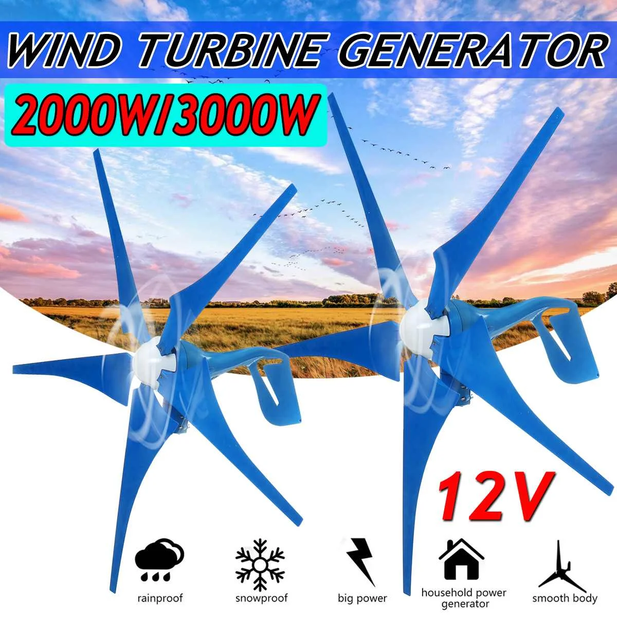 

2000W/3000W 12V Wind turbinen Generator Alternative Energy Generator Wind Generator 5 Blades Motor Kit with Charge controller