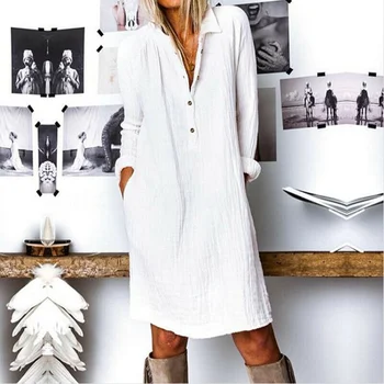 

Fashion Autumn Lapel Neck Long Shirt Dress Women Long Sleeve Buttons Cotton Linen Sundress Casual Loose Work OL Vestido
