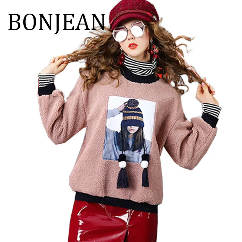 Bonjean/ зимние топы, велюровые толстовки с высоким воротником для женской одежды, свитшоты с рисунком персонажей и пуловеры, BJ1807