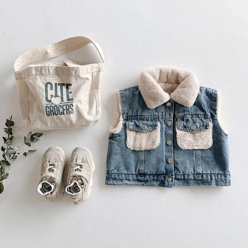 Джинсовый жилет Babyinstar Boutique одежда для маленьких девочек зимний меховой теплый