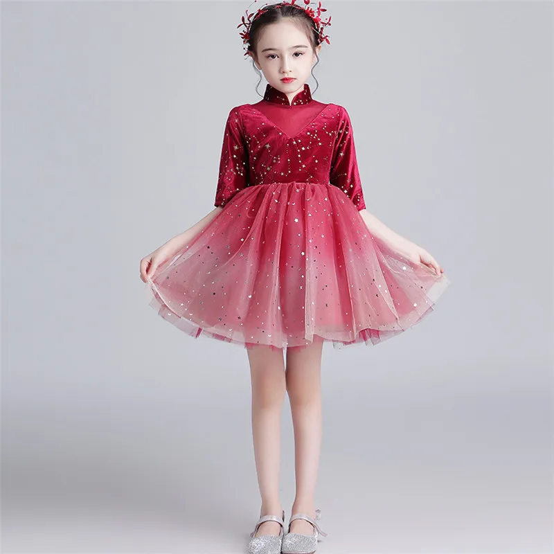 Г. Осень-зима, элегантное Новое красное праздничное платье принцессы для дня рождения, длинное платье для детей, теплые костюмы для девочек, платье