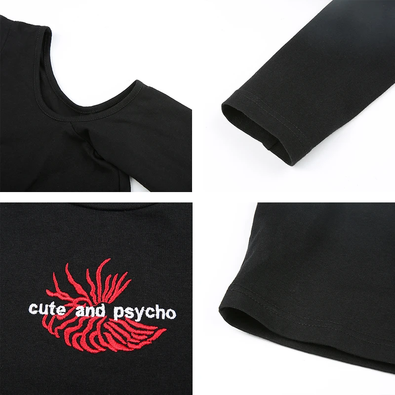 Rapwriter Off Shoulder Embroidery T-Shirt Women Casual Cut Out Turtleneck Long Sleeve Ladies Harajuku Black Crop Tee Shirt