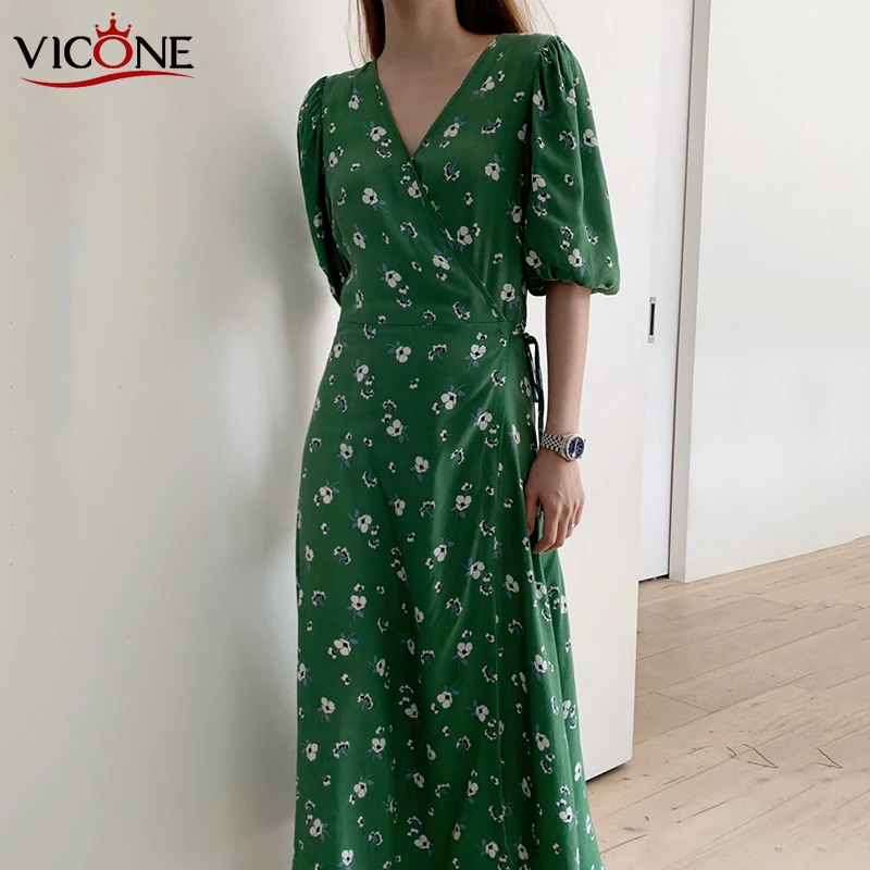 

VICONE South Korea Chic Summer Fresh Floral V-neck Slim Long over-the-Knee Waist Lace-up One-Piece Dress for Women