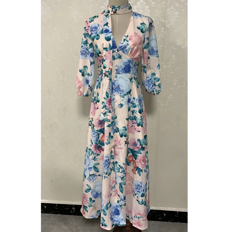 Женское платье Boho с принтом, льняная втулка на шнуровке, длина по щиколотку, сексуальный v-образный вырез, подол, Сплит, модный дизайн, дропшиппинг