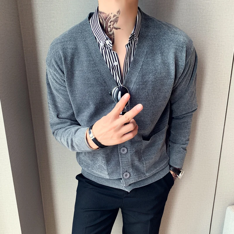 Мода Pull Homme мужской кардиган с длинными рукавами высокого качества с v-образным вырезом Мужской Повседневный свитер свободные свитера из шенили мужские