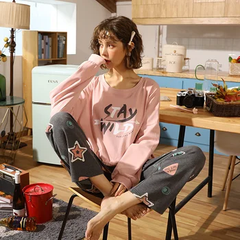 

Womens Pajamas Sets 100% Cotton 2020 Spring Cartoon Long Sleeve Cartoon Sleepwear Set Loose Leisure Home Pyjamas Set for Girl