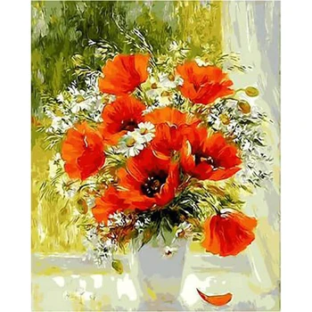 

Home decor spring vibrant red flowers vase diy oil painting by numbers diy canvas painting unique gifts for adults and children