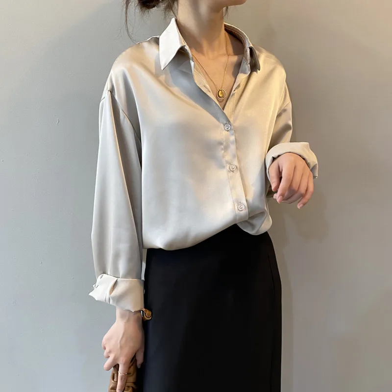 Autumn Fashion Button Up Satin Silk Shirt Spring Vintage Blouse