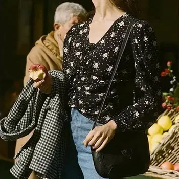 

2020 New V Neck Crop Top Pullover Vintage String Long Sleeve Short Style Shirt