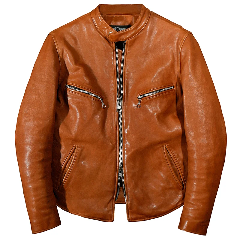 

2020 Brown Men Autumn Slim Fit Biker's Jacket Size XXL Genuine Sheepskin Russian Motorcycle Leather Coat FREE SHIPPING