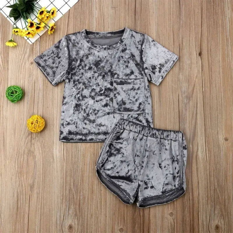 Однотонная футболка с короткими рукавами для маленьких девочек Топы+ короткие штаны комплект одежды из 2 предметов