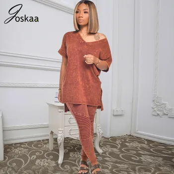 

Joskaa fall new solid V-neck Short-Sleeved side Split Embossed Panel Top leggings Pants sexy tracksuit women's Two-Piece Set