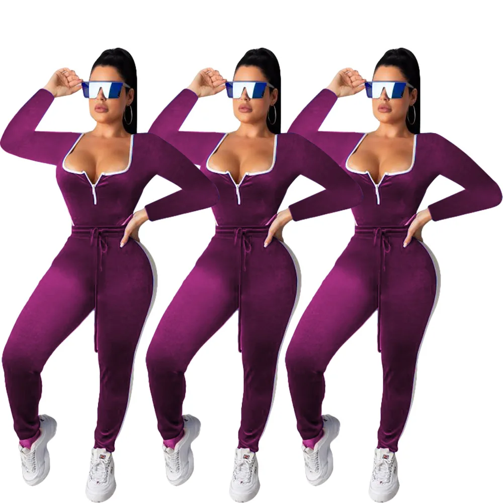 purple 2 piece set Adogirl женский Бархатный спортивный костюм повседневный комплект из двух предметов на молнии с u-образным вырезом и длинным рукавом, боди, верхний карандаш, штаны, осенне-зимний костюм - Цвет: purple 2 piece set