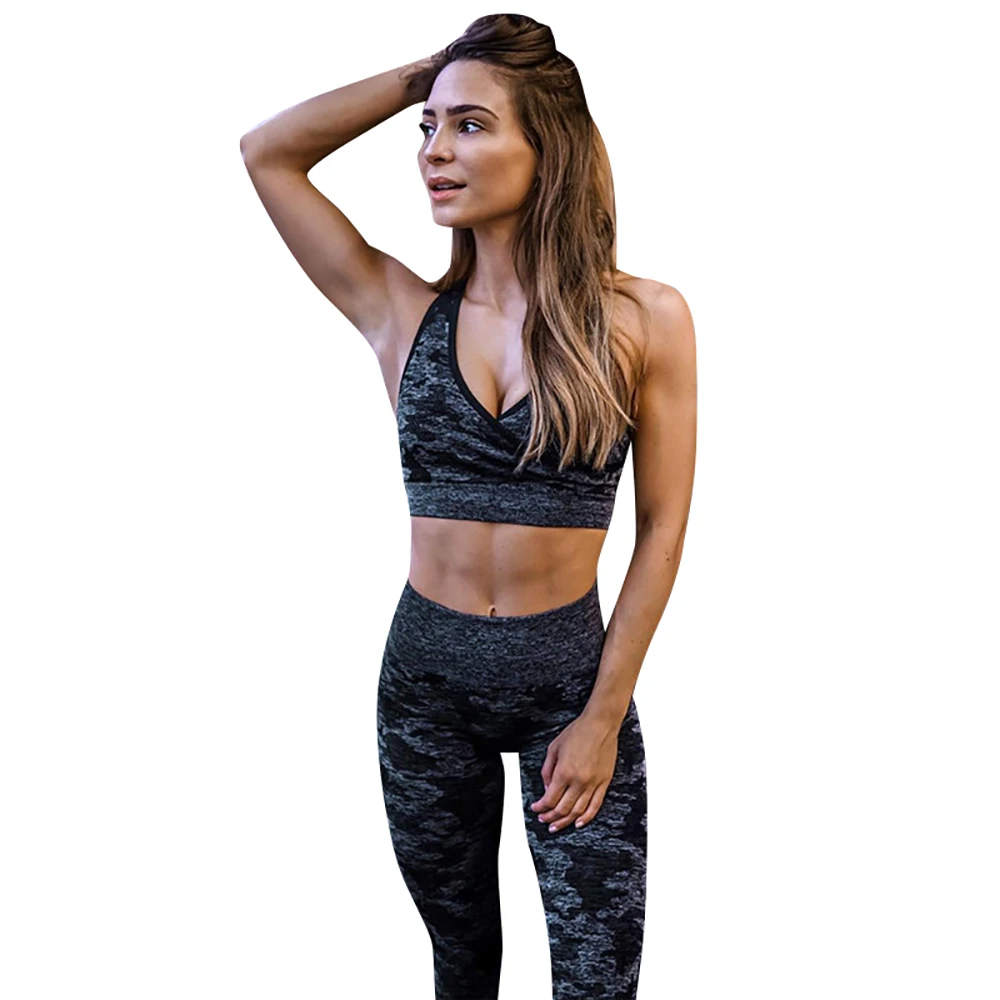 Женский спортивный сексуальный комплект из бюстгальтера и леггинсов с низким вырезом и принтом для йоги, комплект одежды для спортзала, тренировочная одежда для фитнеса, спортивная одежда - Цвет: Black
