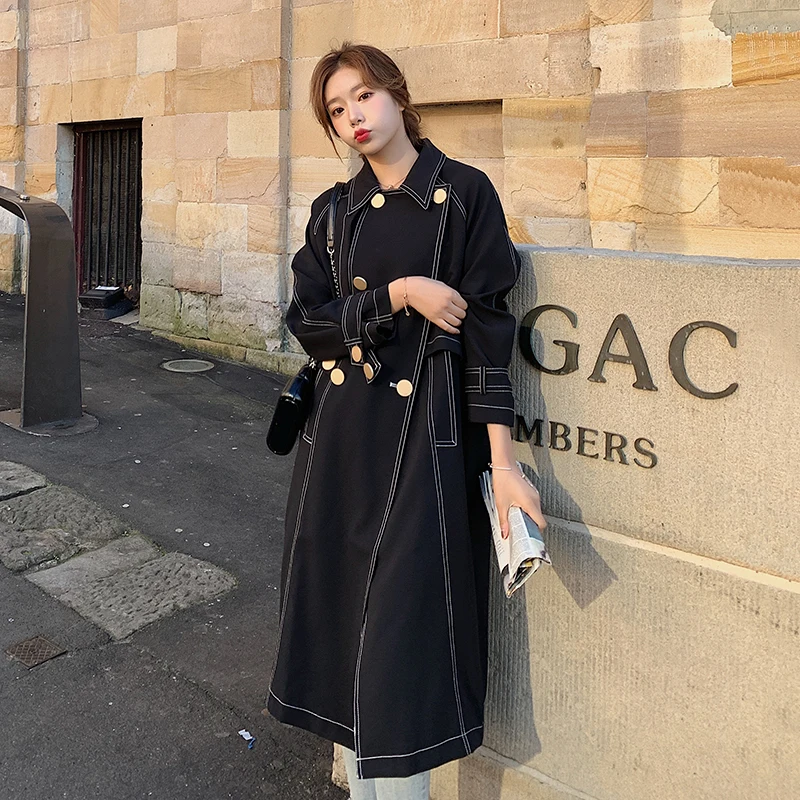 

2019 New Korean Spring and Autumn Version of The New Black Trench Coat Women's Long Style Loose Over The Knee British Top YL463