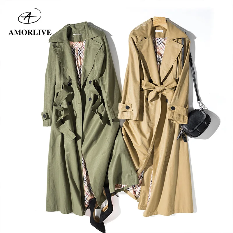 

AMOR LIVE Bright Silk Casual Long Trench Coat For Women Waterproof Windproof Belt Elegant Vintage Oversize Loose Windbreaker