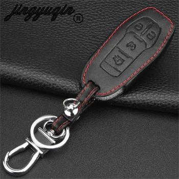 

jingyuqin 4 Buttons Leather Remote Fob Car Key Case Cover For Ford MKC MKX MKZ Edge Escape Focus Lincoln Smart Key bag