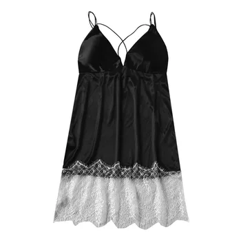 

New Women Lace Patchwork V Neck Backless Night Dress Lingerie Cross Strap Camisole Sexy Sleepwear Nightgowns Plus Size Homewear