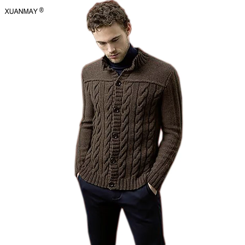 

Winter Men's Cardigan Sweater Casual Soft Comfortable Brown Sweater coat Thick warm Hand-knitted Wool Men's Cardigan Sweater