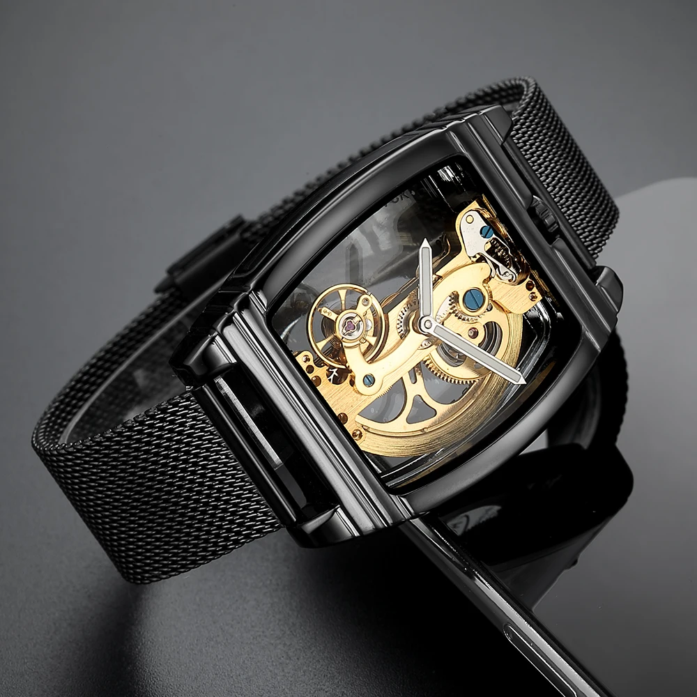 Классические модные автоматические механические наручные часы Мужские часы прозрачные часы из нержавеющей стали браслет сетчатый ремешок мужские часы