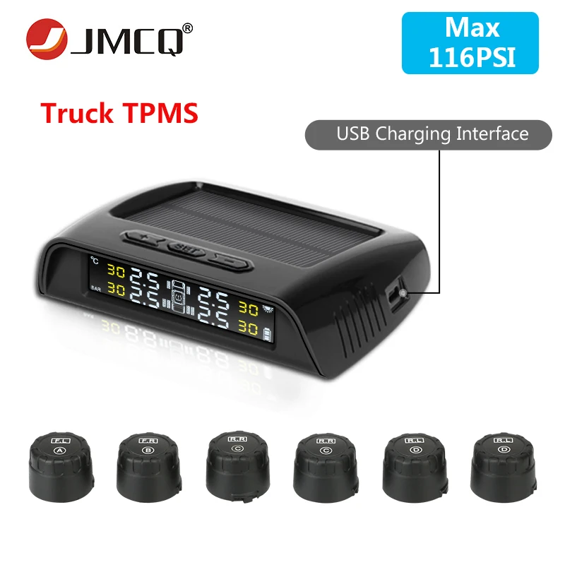 

JMCQ Wireless Truck TPMS alarm Tire Pressure sensor Monitoring System Display Auto Alarm system Max pressure 6 External Sensors