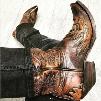 

2020 Men's New Fashion Pu Leather Cowboy Boots Med Heel Motorcycle Boots Casual High Quality Mens Boots Zapatillas Hombre 4M651