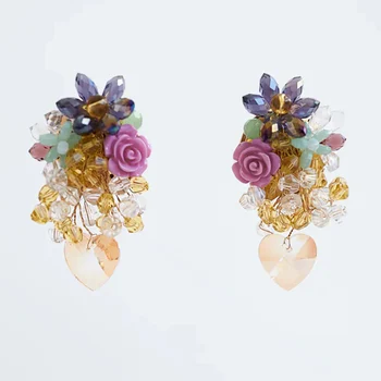 

ZA Earrings Boho Ethnic Handmade Crystal Beaded Flower Drop Earrings For Women Statement Bling Big Heart Dangle Earring Jewelry