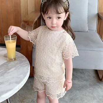 

2020 Girls Summer Lace Embroidery Suit Baby Baby Short Sleeve Two Piece Set