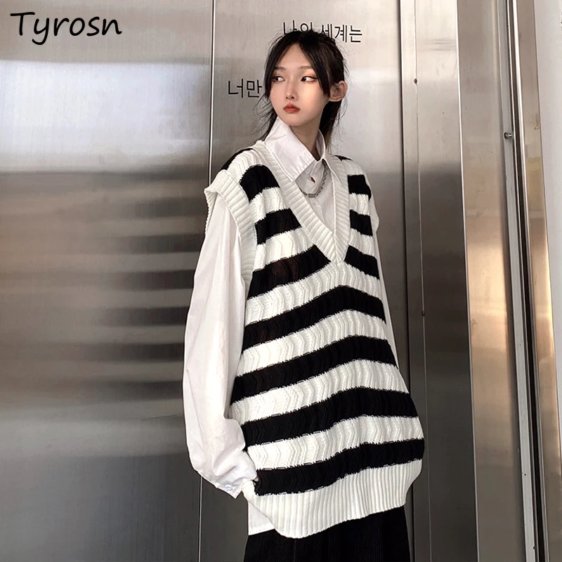 Sweater Vests Women Stripped Unisex Cozy Fashion Harajuku Loose Spring