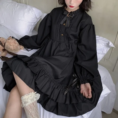 

New Autumn Kawaii Star buckle moon collar Lolita Dress Dark Black Lolita Dress Female Bow Long Sleeve Harajuku Dresses Elegant