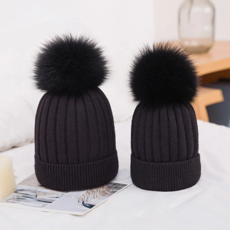 

Autumn and Winter Rabbit Wool Cashmere Knitted Beanies Casual Wild Warm Parent-Child Fox Fur Winter Hats for Women Skullies