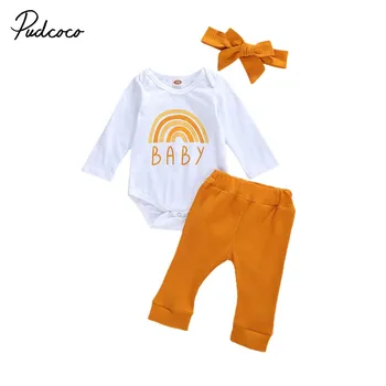 

Infants Baby Spring Autumn Clothing Baby Boy Long Sleeve Letter Rainbow Printed Tops Romper Pants Bow Headband 3-Piece Clothes