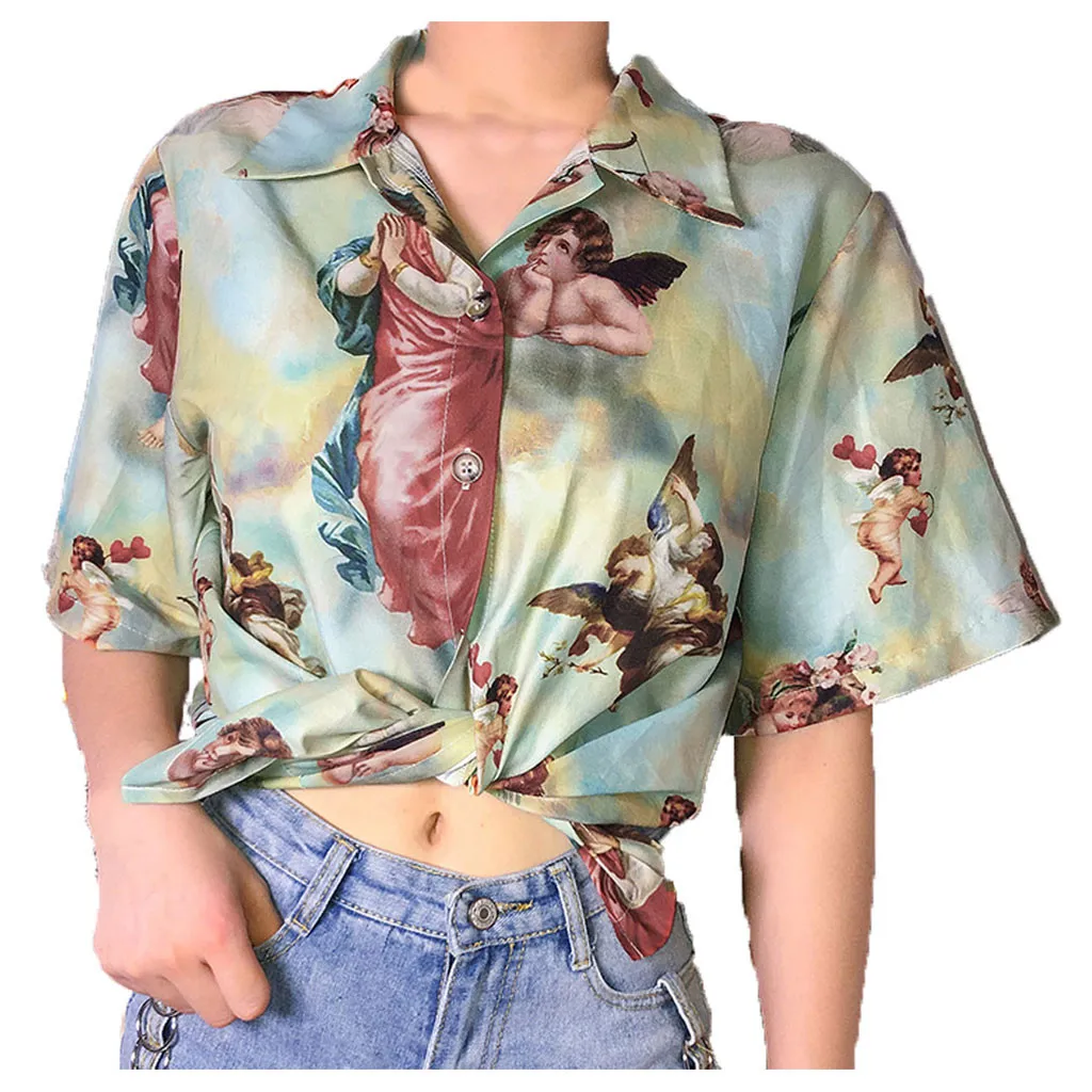 Blouse Women 2020 Summer Shirt Print Turn-down Collar Short Sleeve Cute Angel Printed Oversize Top Blusas Mujer De Moda #Zer | Женская